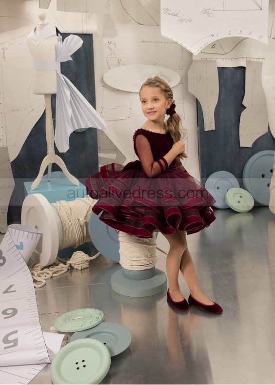 Burgundy Velvet Tulle Pearls Embellished Flower Girl Dress
